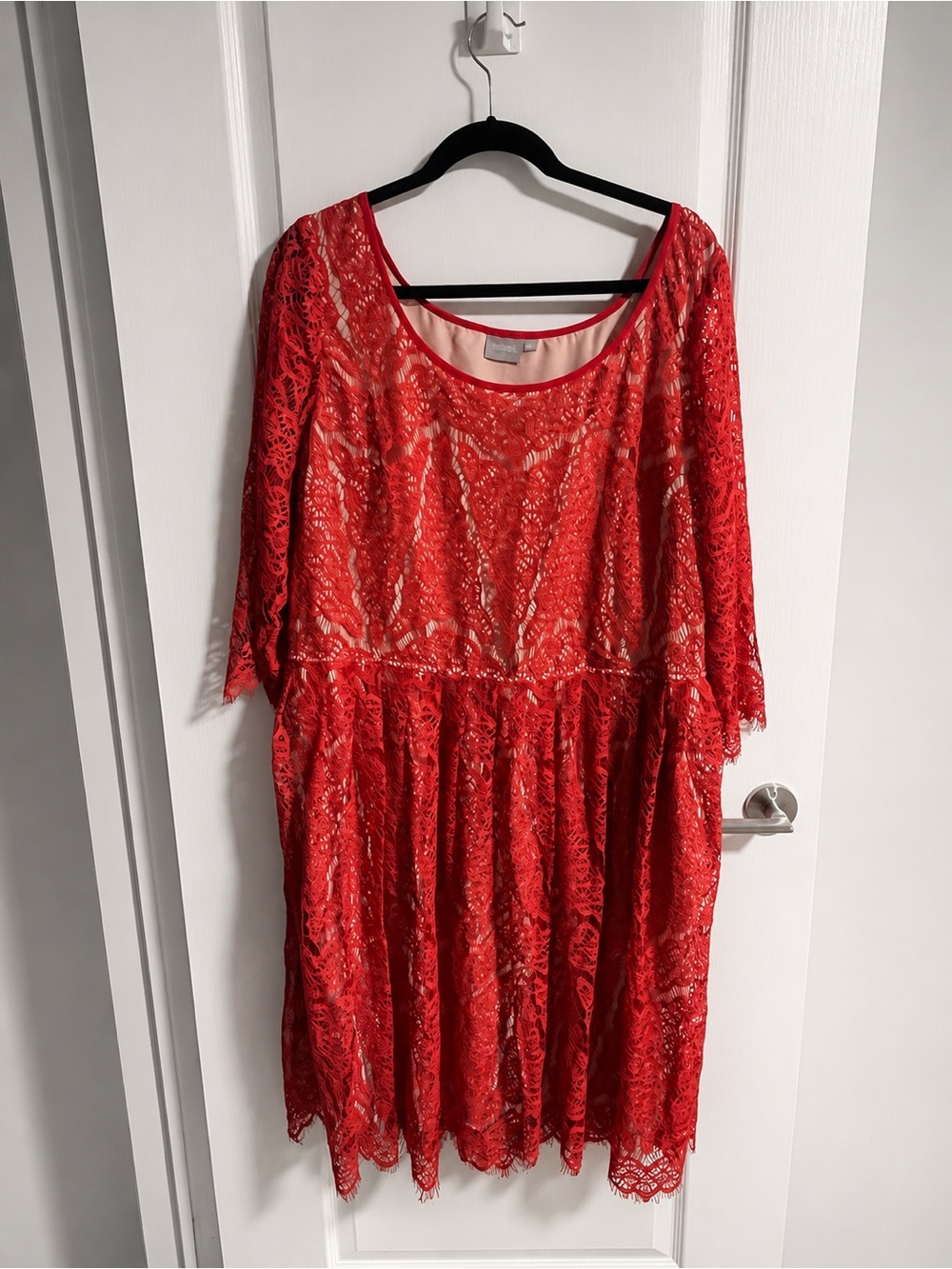 eShakti Red Lace Midi Dress 2X 22W Pockets Waist Tie Cocktail Wedding Guest